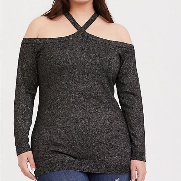 Torrid metallic PULLOVER CROSS NECK COLD SHOULDER SWEATER - Picture 1 of 7